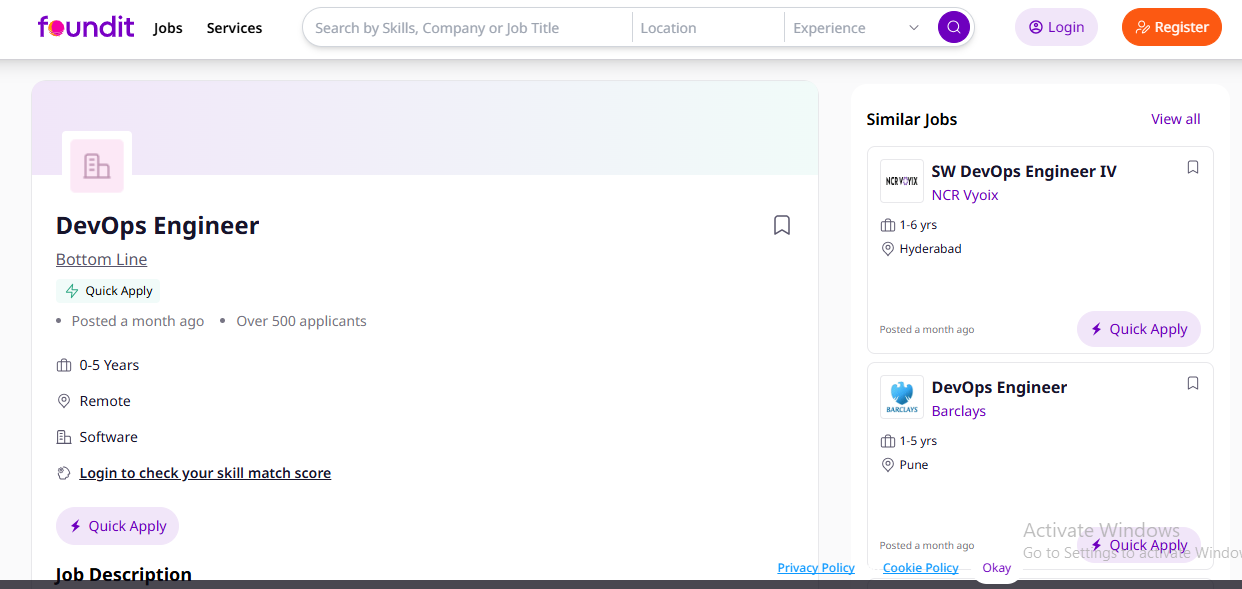 foundit job listing screenshot for a DevOps Engineer role