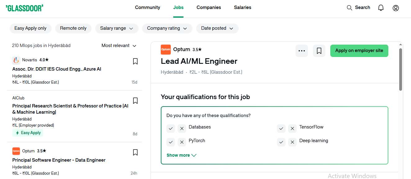 Glassdoor job listings screenshot for AI/ML Engineer roles in Hyderabad