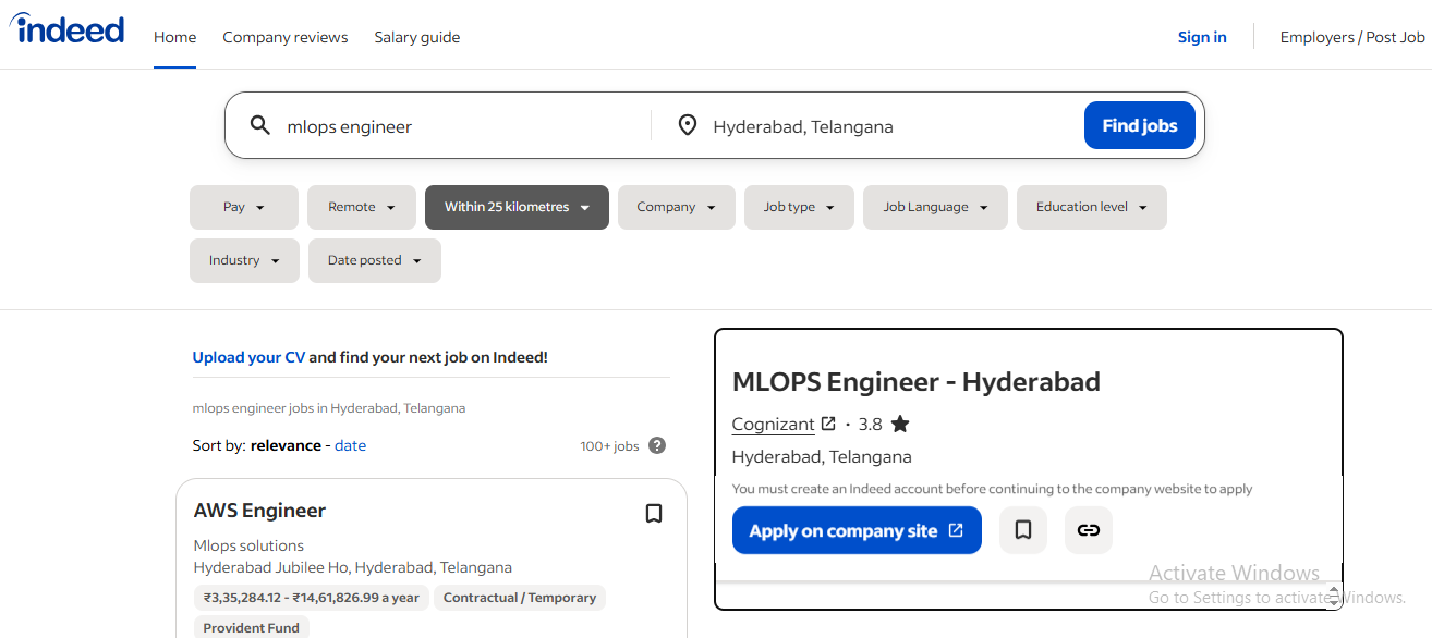 Indeed job listings screenshot for MLOps Engineer roles in Hyderabad