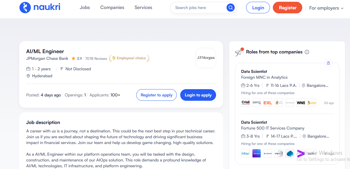 Naukri job listing screenshot for an AI/ML Engineer role
